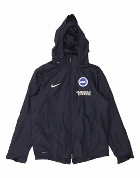 NIKE Boys Graphic Hooded Rain Jacket 13-14 Years XL Navy Blue Polyester Quick Pack