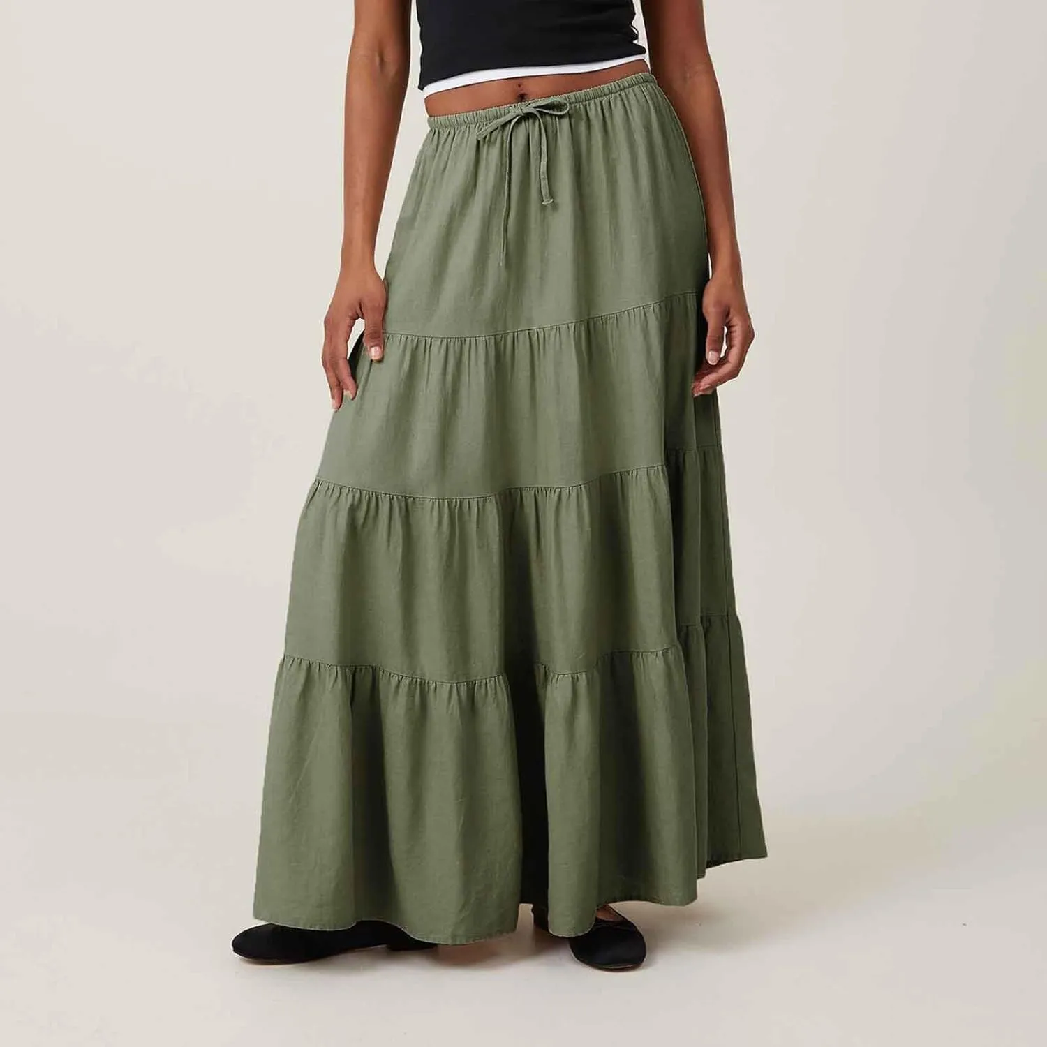 Oplxuo Women's Maxi Skirt Summer Beach Boho Long Skirts Tiered A-line Swing High Waist Swing Flowy Skirt