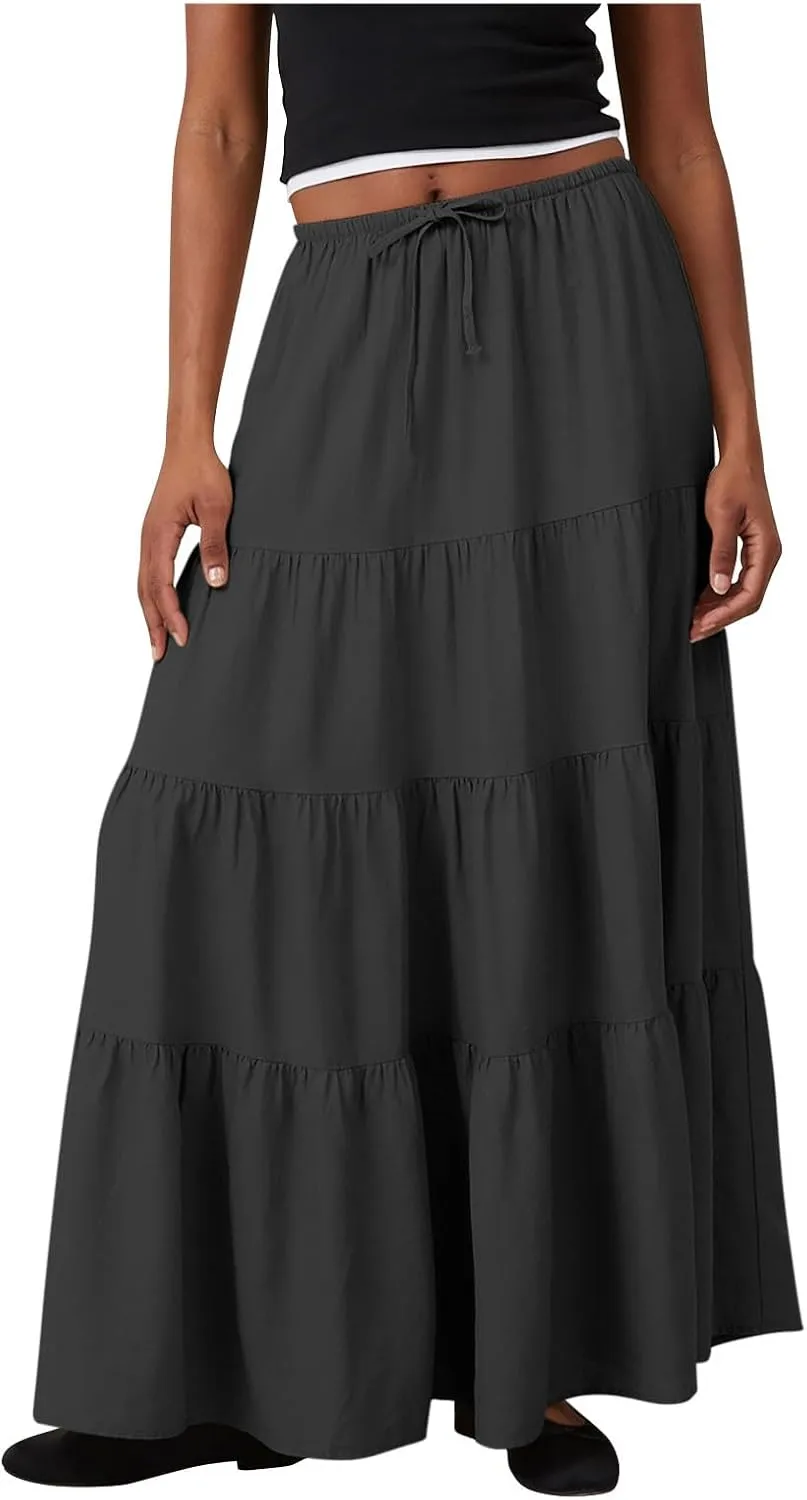 Oplxuo Women's Maxi Skirt Summer Beach Boho Long Skirts Tiered A-line Swing High Waist Swing Flowy Skirt