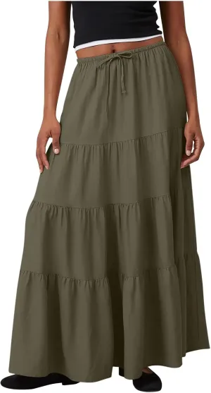 Oplxuo Women's Maxi Skirt Summer Beach Boho Long Skirts Tiered A-line Swing High Waist Swing Flowy Skirt