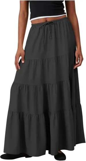 Oplxuo Women's Maxi Skirt Summer Beach Boho Long Skirts Tiered A-line Swing High Waist Swing Flowy Skirt