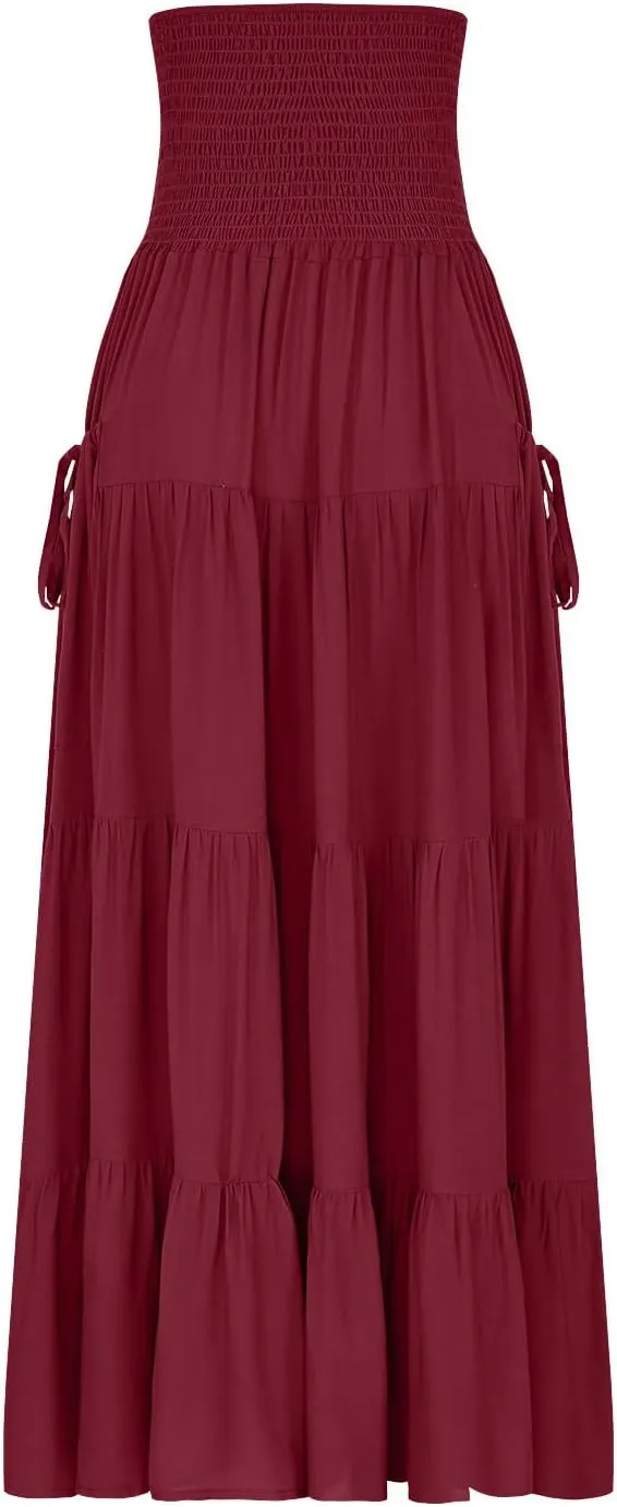 Oplxuo Women's Summer Boho Maxi Skirt A-Line Flowy Ruffle Tiered Smocked Elastic High Waist Beach Long Skirts with Pockets