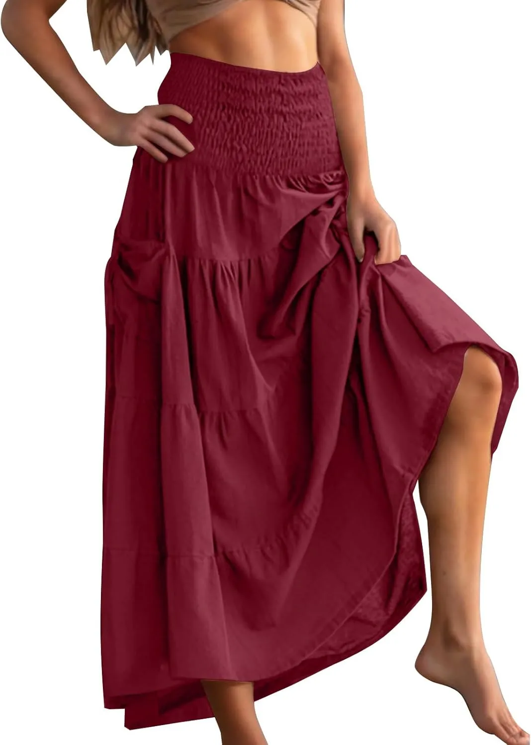 Oplxuo Women's Summer Boho Maxi Skirt A-Line Flowy Ruffle Tiered Smocked Elastic High Waist Beach Long Skirts with Pockets