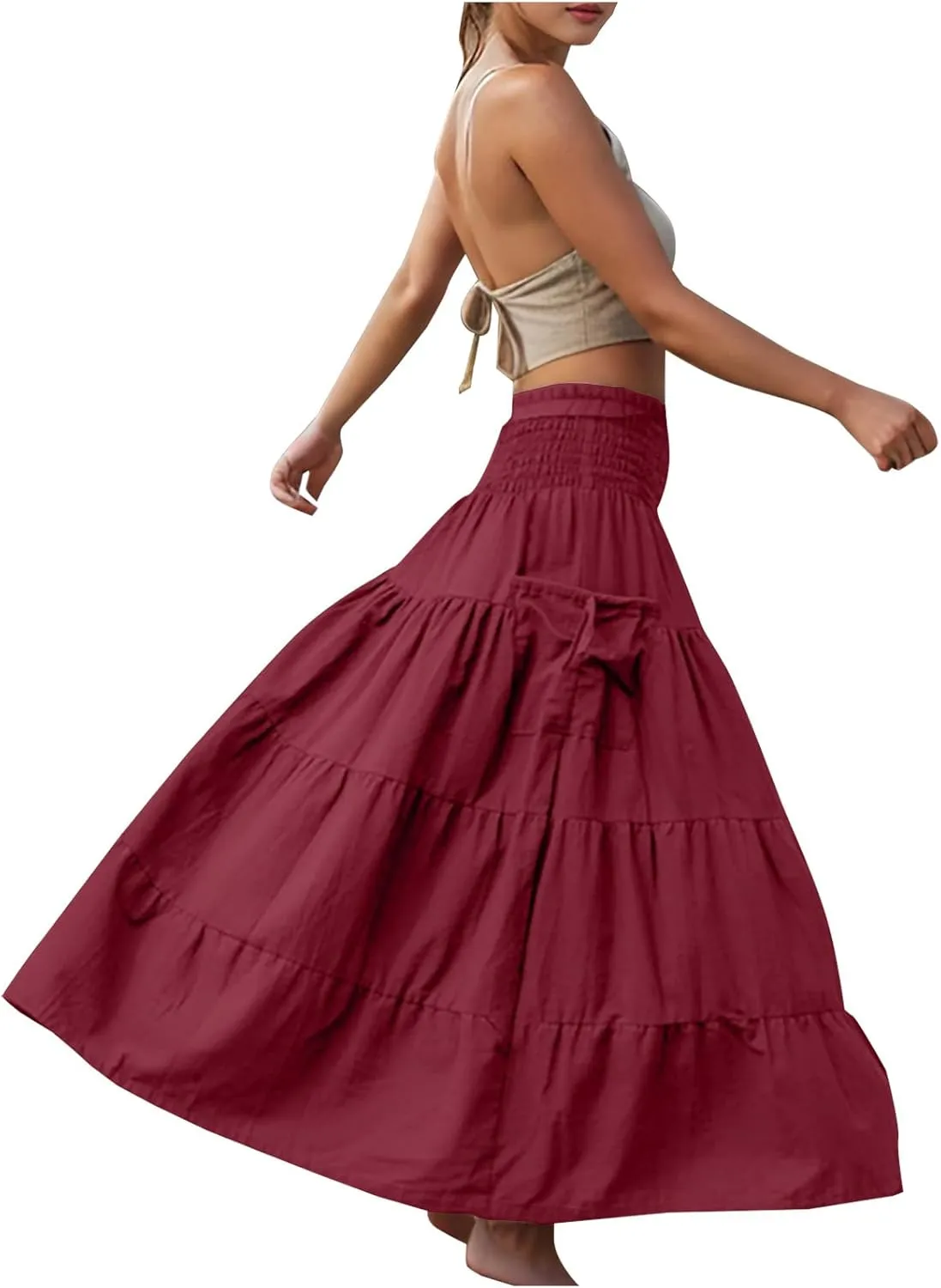 Oplxuo Women's Summer Boho Maxi Skirt A-Line Flowy Ruffle Tiered Smocked Elastic High Waist Beach Long Skirts with Pockets