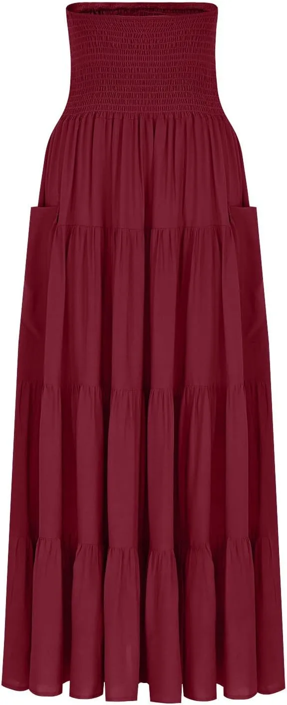 Oplxuo Women's Summer Boho Maxi Skirt A-Line Flowy Ruffle Tiered Smocked Elastic High Waist Beach Long Skirts with Pockets