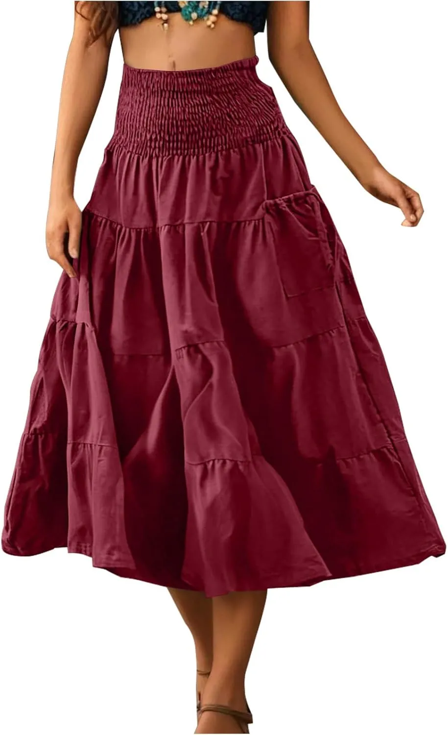 Oplxuo Women's Summer Boho Maxi Skirt A-Line Flowy Ruffle Tiered Smocked Elastic High Waist Beach Long Skirts with Pockets