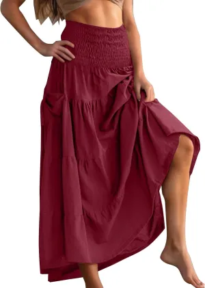Oplxuo Women's Summer Boho Maxi Skirt A-Line Flowy Ruffle Tiered Smocked Elastic High Waist Beach Long Skirts with Pockets