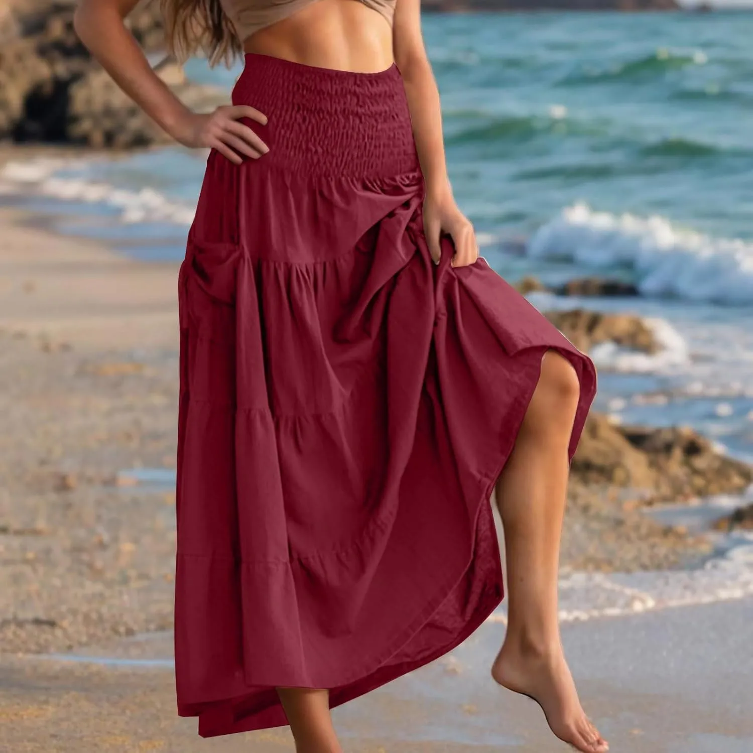 Oplxuo Women's Summer Boho Maxi Skirt A-Line Flowy Ruffle Tiered Smocked Elastic High Waist Beach Long Skirts with Pockets