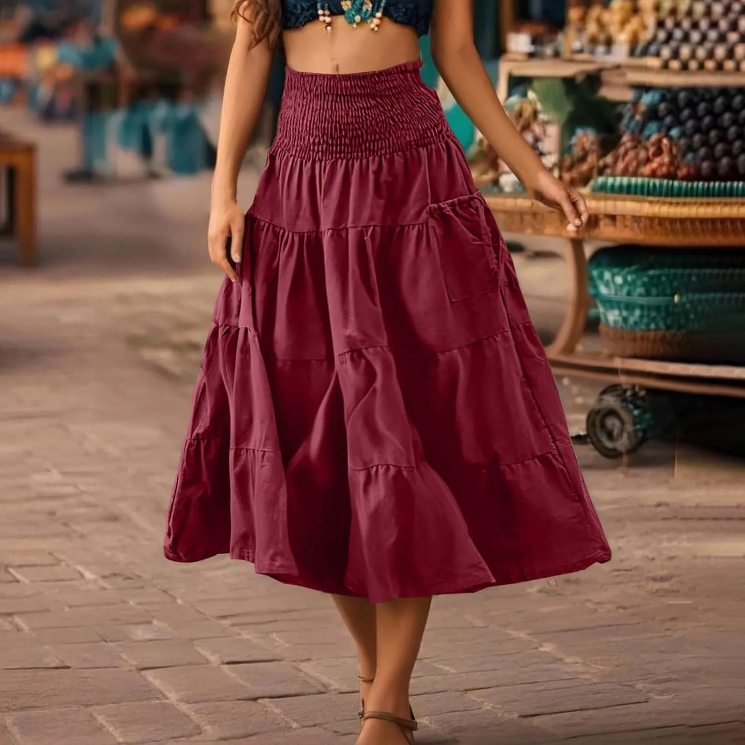 Oplxuo Women's Summer Boho Maxi Skirt A-Line Flowy Ruffle Tiered Smocked Elastic High Waist Beach Long Skirts with Pockets