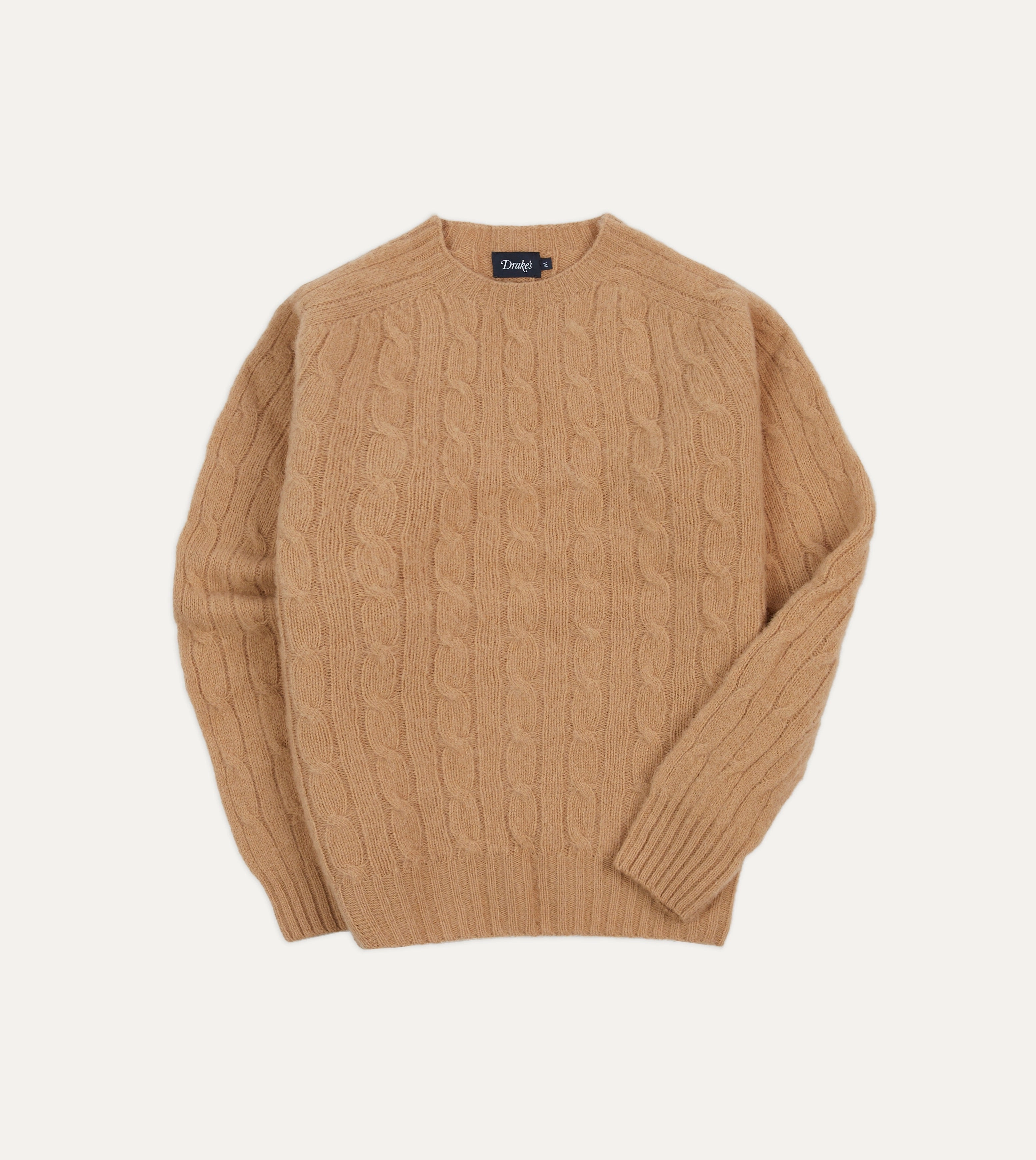 Wheat Brushed Shetland Cable Knit Crew Neck Jumper Reinforced Neckline Stitching Layered Look