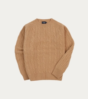 Wheat Brushed Shetland Cable Knit Crew Neck Jumper Reinforced Neckline Stitching Layered Look