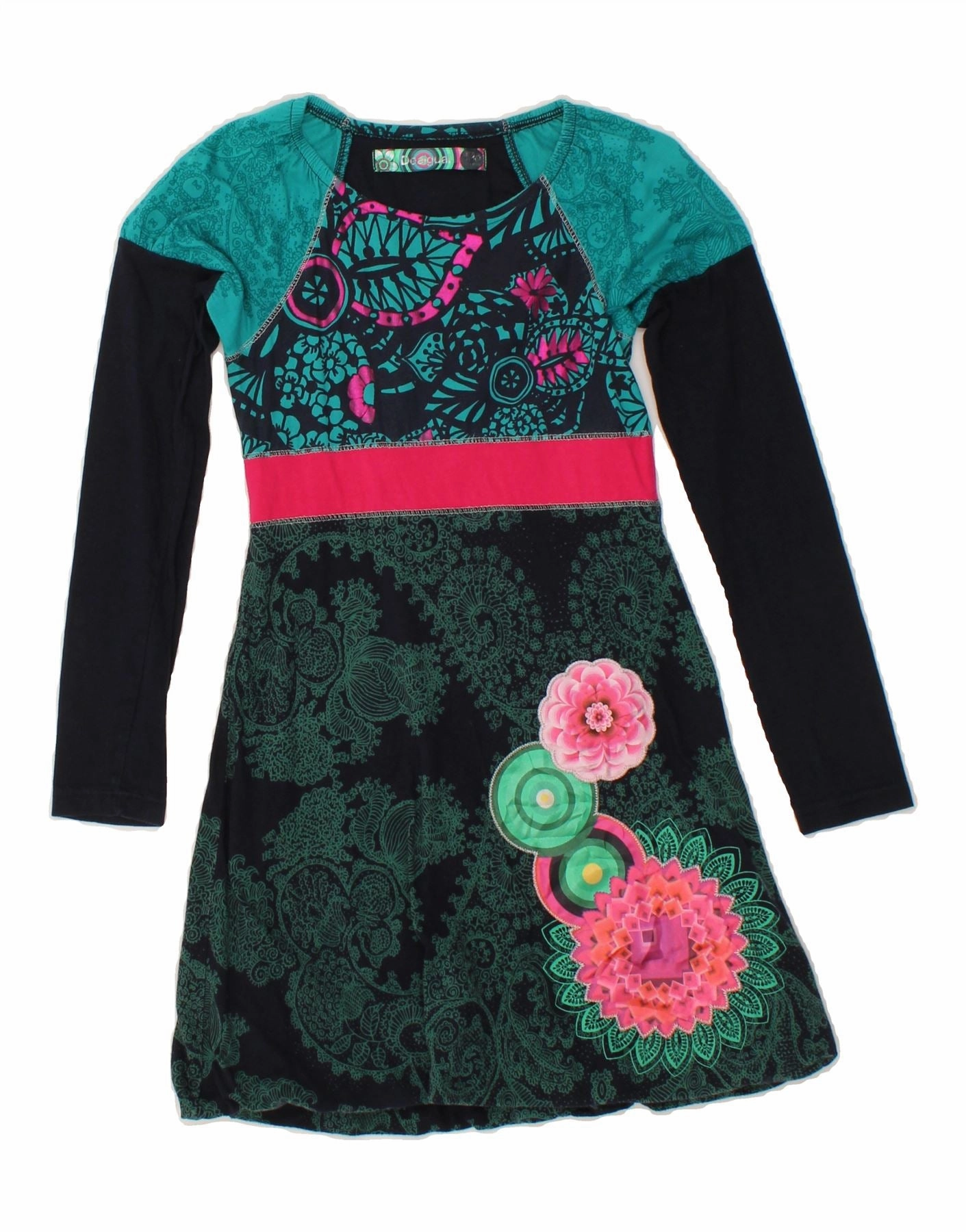 DESIGUAL Girls Graphic Long Sleeve A-Line Dress 9-10 Years Black Paisley Elastic Fit