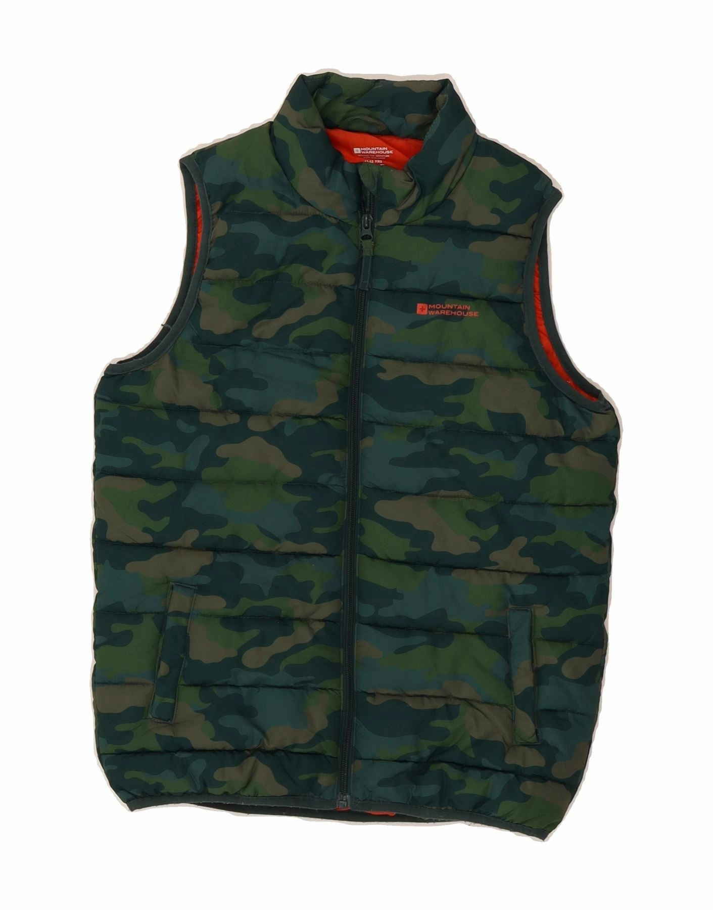 MOUNTAIN WAREHOUSE Boys Padded Gilet 11-12 Years Green Camouflage Chain Ventilated Back Panel