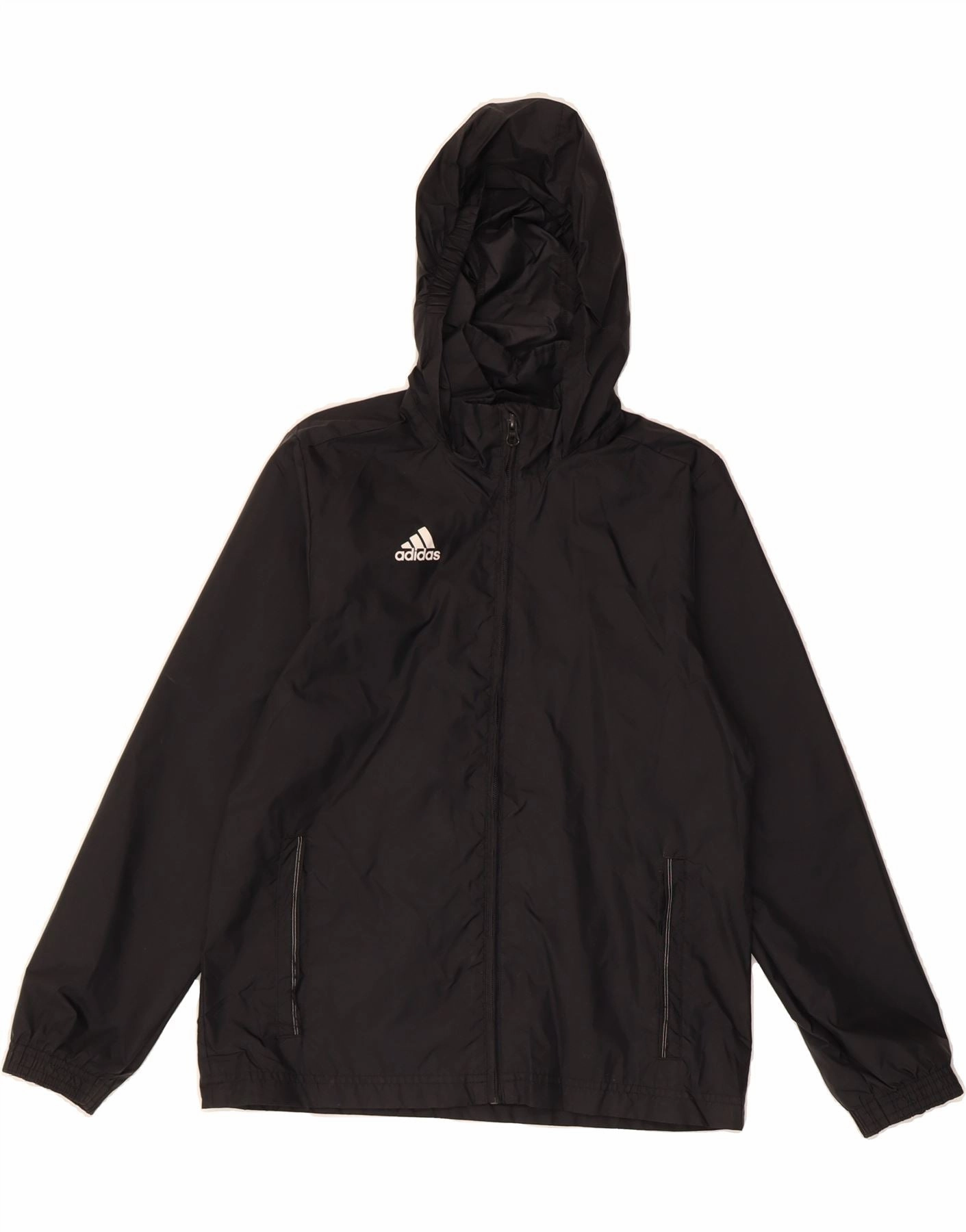 Patchwork ADIDAS Boys Hooded Rain Jacket 11-12 Years Black Polyester