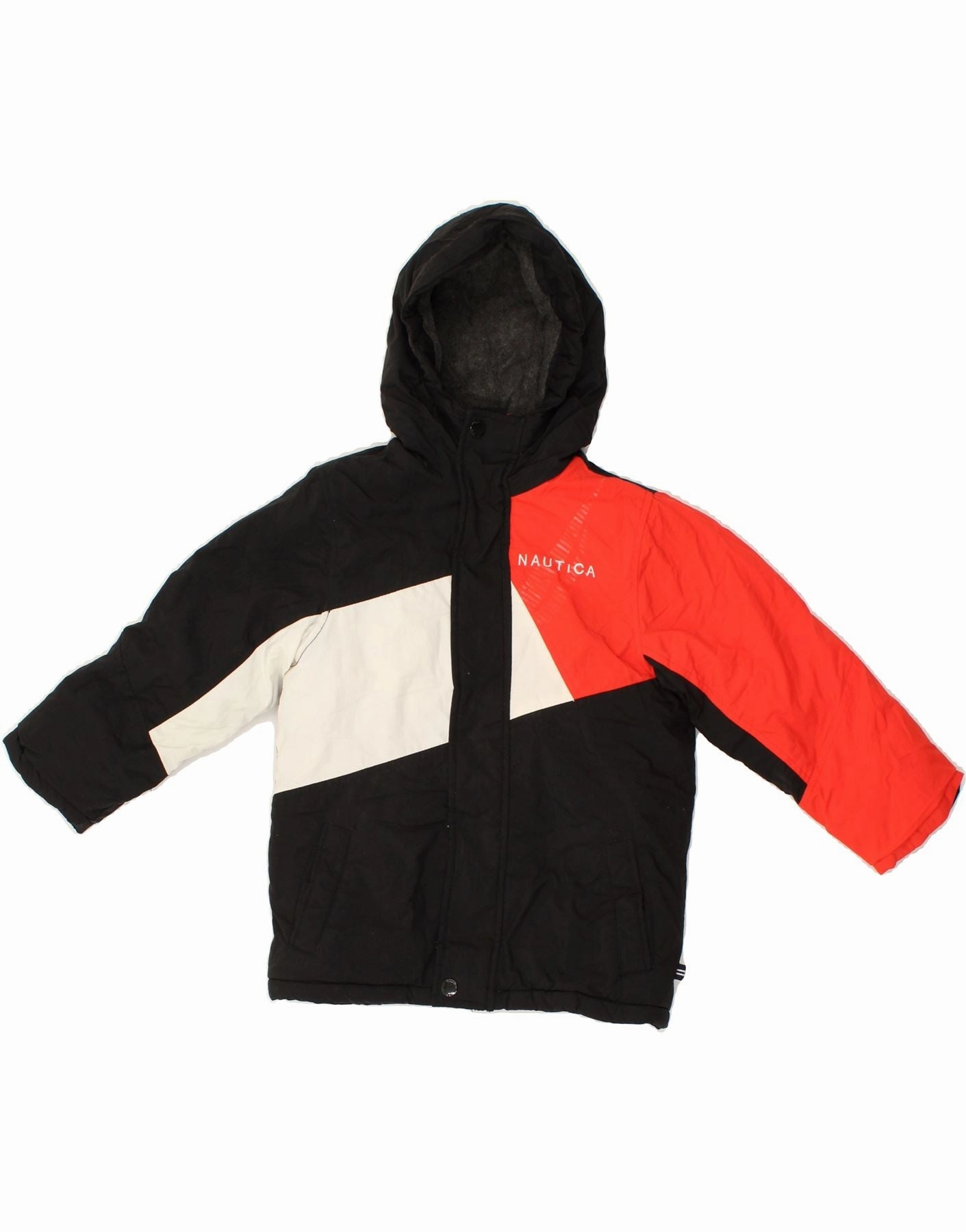 NAUTICA Boys Hooded Rain Jacket 2-3 Years Black Colourblock Polyester Light Reflective Logos Hidden Compartments