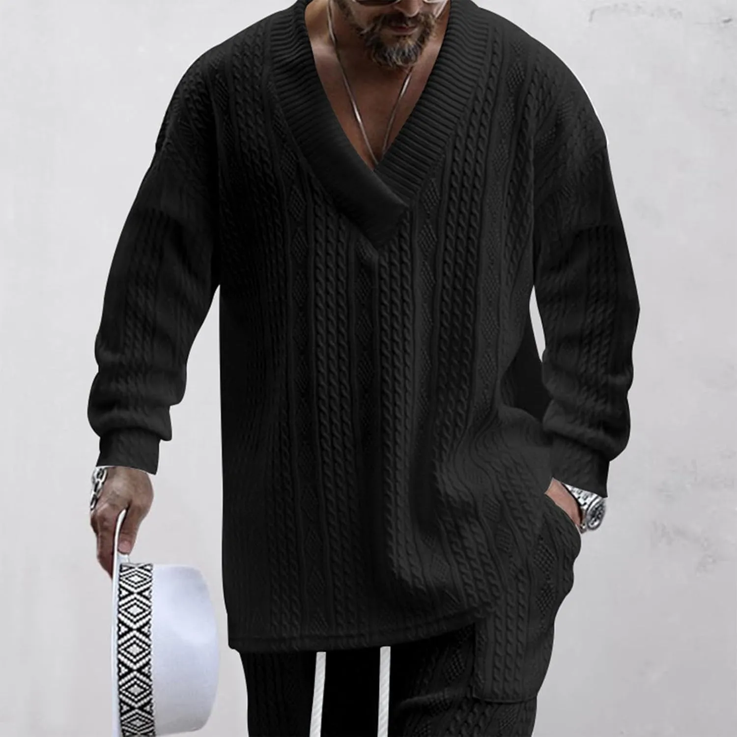 Oversize Sweater Mens V Neck Sweater Casual Loose Fit Long Sleeve Pullover Cable Knit Sweater Tops Knitwear
