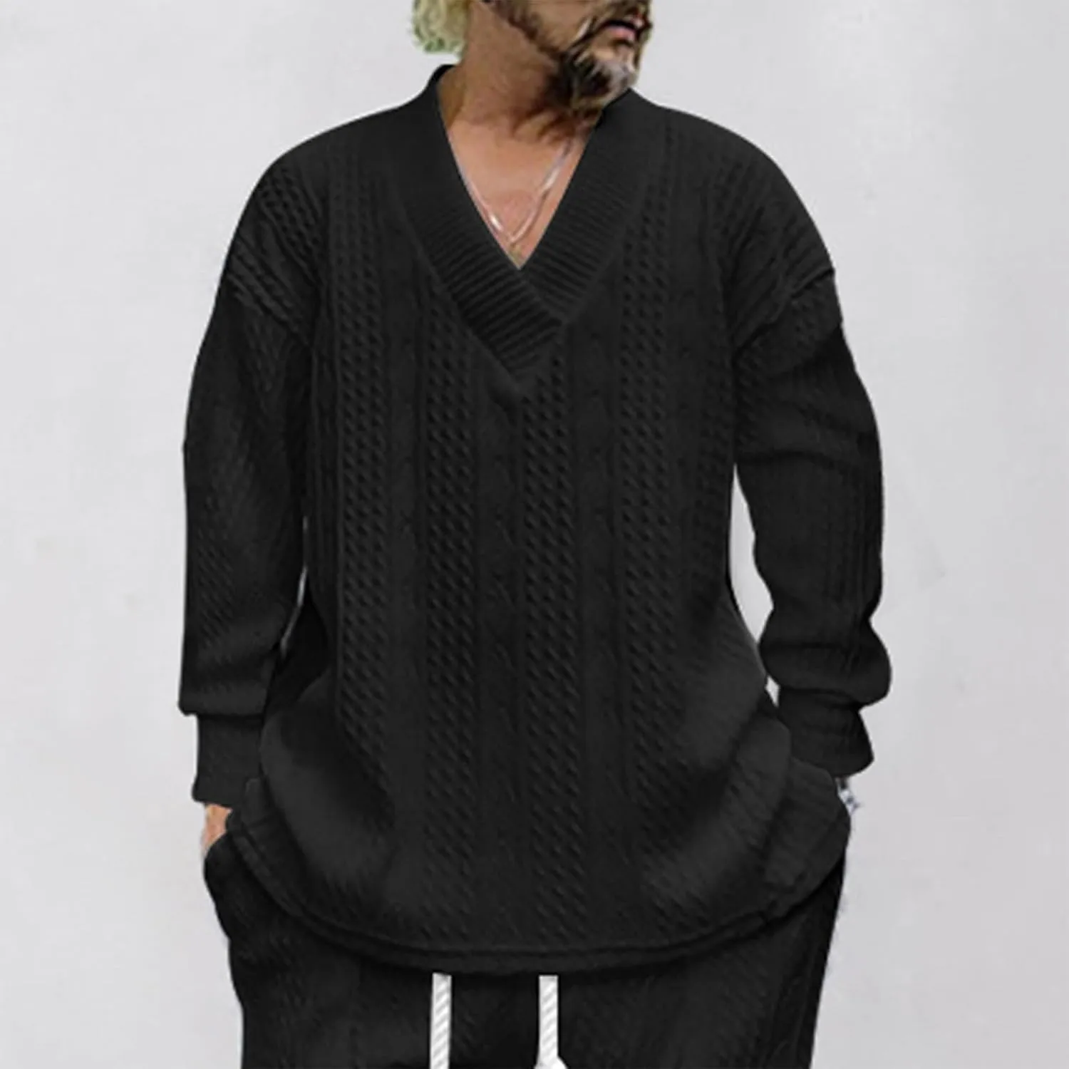 Oversize Sweater Mens V Neck Sweater Casual Loose Fit Long Sleeve Pullover Cable Knit Sweater Tops Knitwear