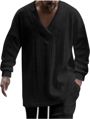 Oversize Sweater Mens V Neck Sweater Casual Loose Fit Long Sleeve Pullover Cable Knit Sweater Tops Knitwear