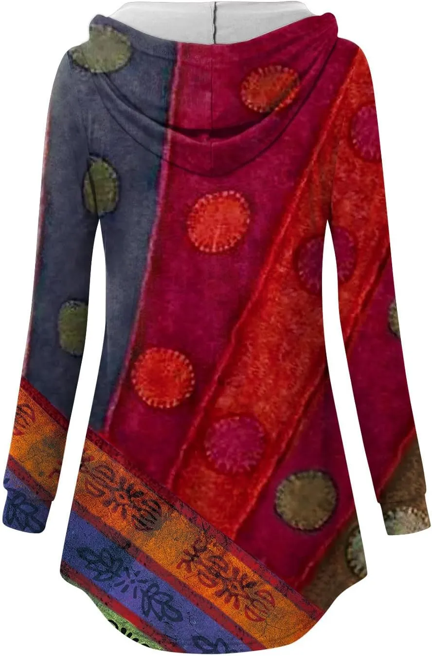 Oversized Hoodie Woman Winter Casual Slimming Shirts Vneck Long Sleeve Tops Fall Ethnic Floral Button Tunic Sweatshirt