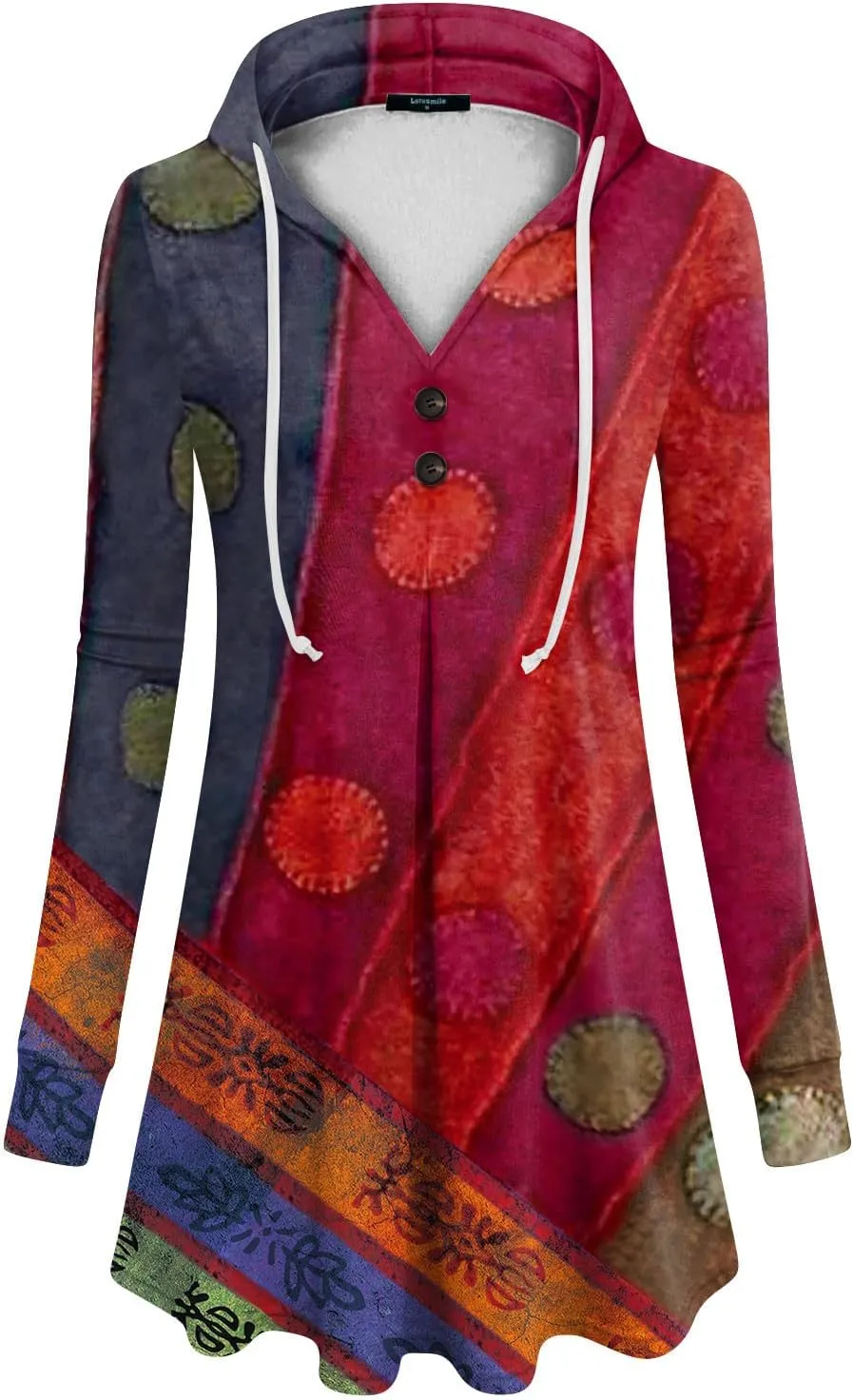 Oversized Hoodie Woman Winter Casual Slimming Shirts Vneck Long Sleeve Tops Fall Ethnic Floral Button Tunic Sweatshirt