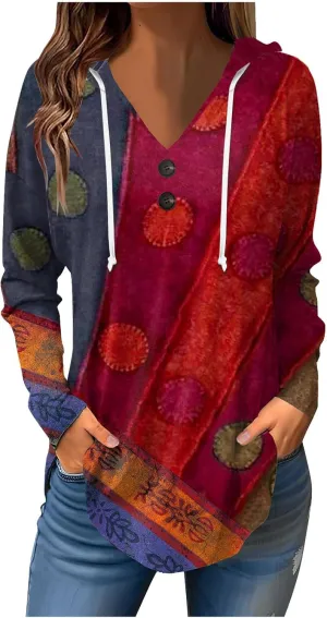 Oversized Hoodie Woman Winter Casual Slimming Shirts Vneck Long Sleeve Tops Fall Ethnic Floral Button Tunic Sweatshirt