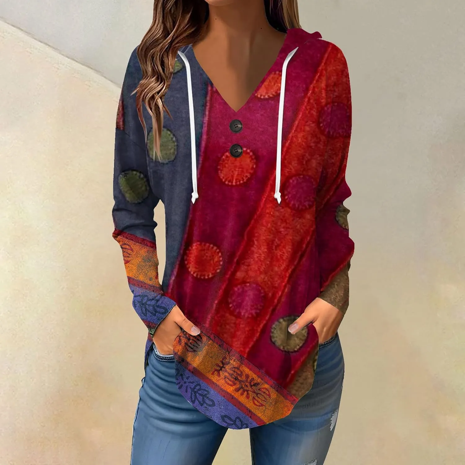 Oversized Hoodie Woman Winter Casual Slimming Shirts Vneck Long Sleeve Tops Fall Ethnic Floral Button Tunic Sweatshirt