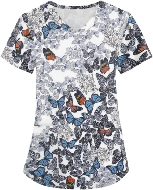 Oversized Scrubs for Women 2024 Medical Uniforms V Neck Short Sleeve Fun Printed Comfy Nurse Tunic Tops with Pockets