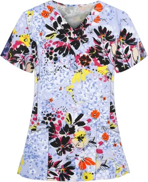 Oversized Scrubs for Women 2024 Medical Uniforms V Neck Short Sleeve Fun Printed Comfy Nurse Tunic Tops with Pockets