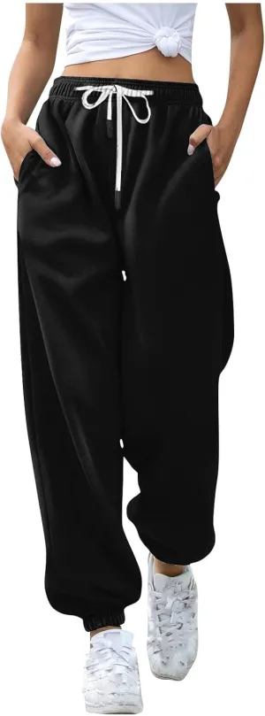 Oversized Straight Leg Sweatpants Women Elastic Waist Drawstring Low Waisted Casual Baggy Lounge Pants w/Pocket