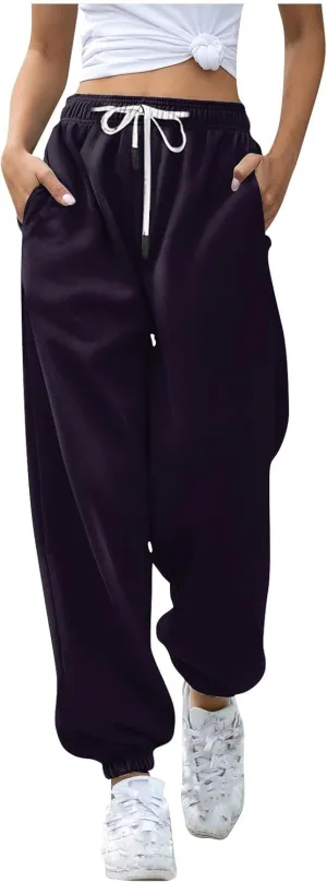 Oversized Straight Leg Sweatpants Women Elastic Waist Drawstring Low Waisted Casual Baggy Lounge Pants w/Pocket