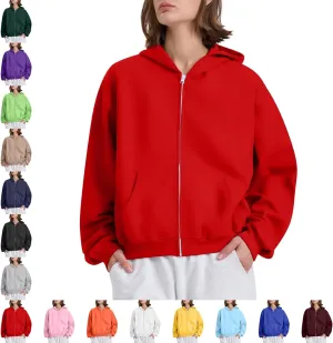 Oversized Zip Up Hoodie for Women Fleece Plain Cropped Sweatshirts Trendy Y2k Comfy Preppy Zipper Hoodies Winter
