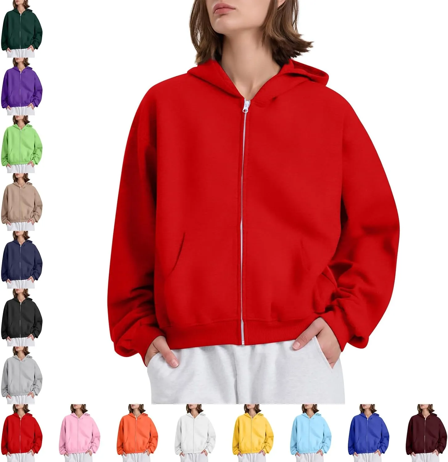 Oversized Zip Up Hoodie for Women Fleece Plain Cropped Sweatshirts Trendy Y2k Comfy Preppy Zipper Hoodies Winter