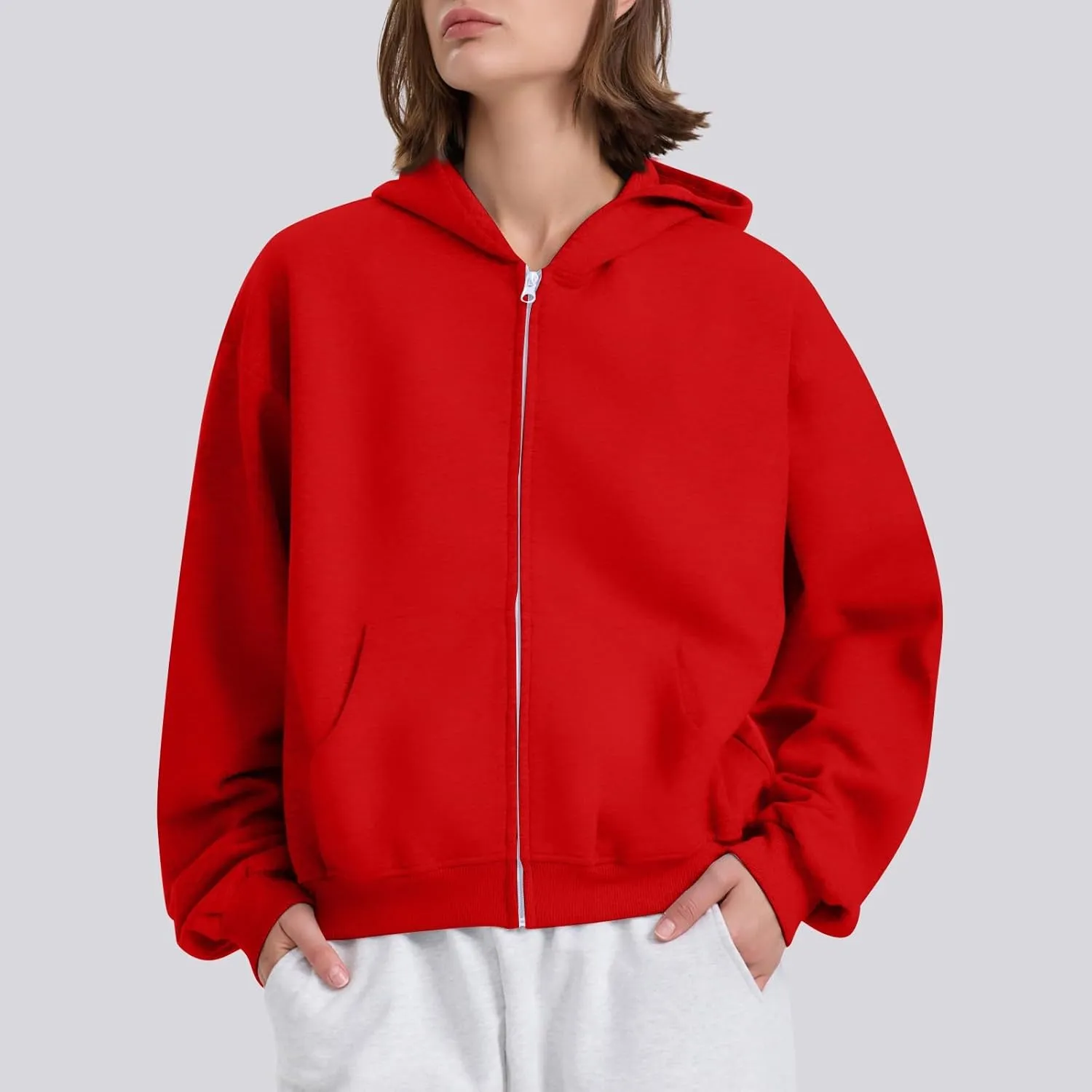 Oversized Zip Up Hoodie for Women Fleece Plain Cropped Sweatshirts Trendy Y2k Comfy Preppy Zipper Hoodies Winter