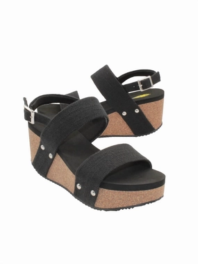 Fresh Energy Street Mood Women's Summerlove Linen Strap Wedge Sandal In Black Linen