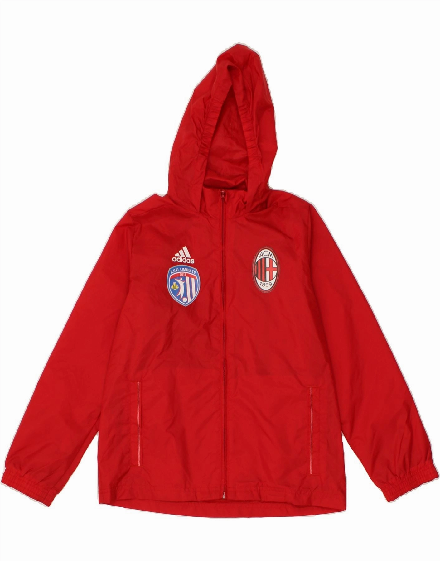 ADIDAS Boys AC Milan Hooded Rain Jacket 9-10 Years Red Polyester Double Stitched Edging