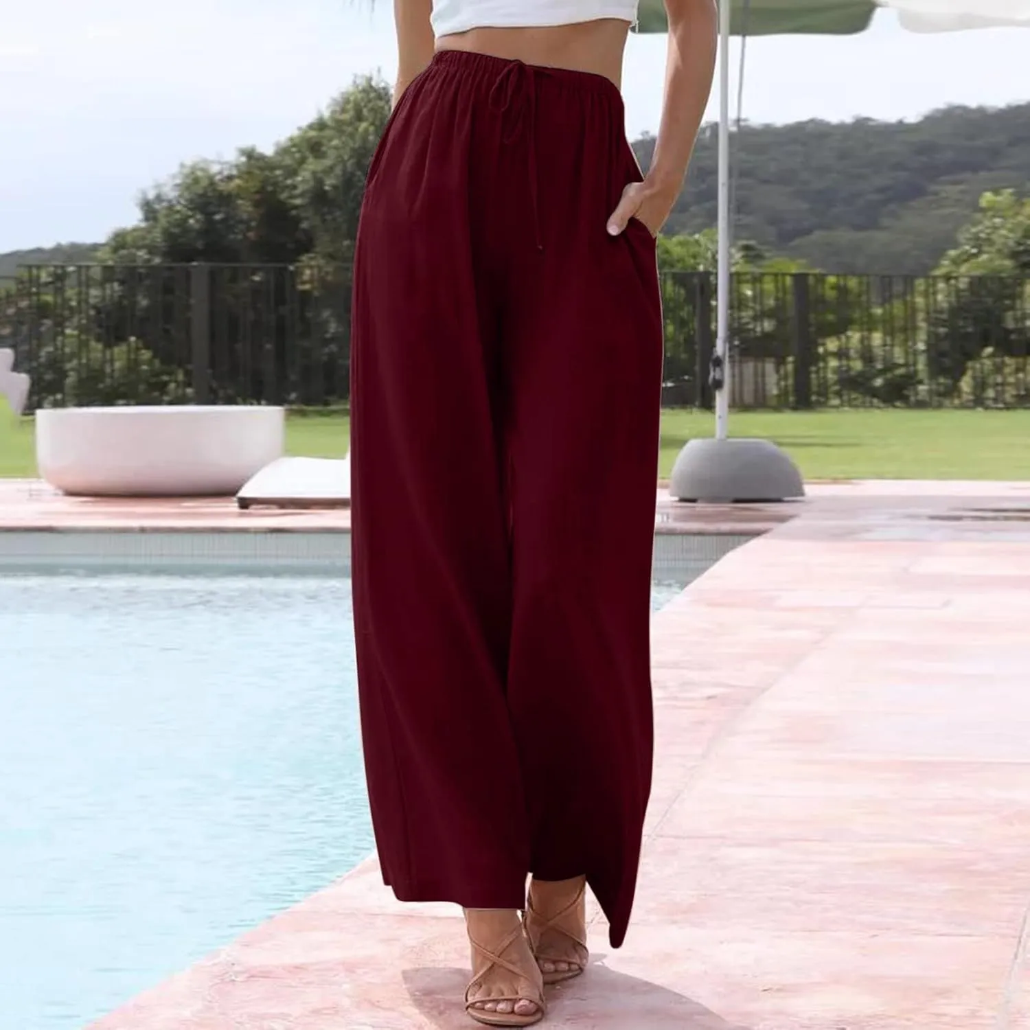 Pants for Women High Waisted Casual Wide Leg Palazzo Pants Long Long Straight Trousers Loose Outfits Pockets Beach