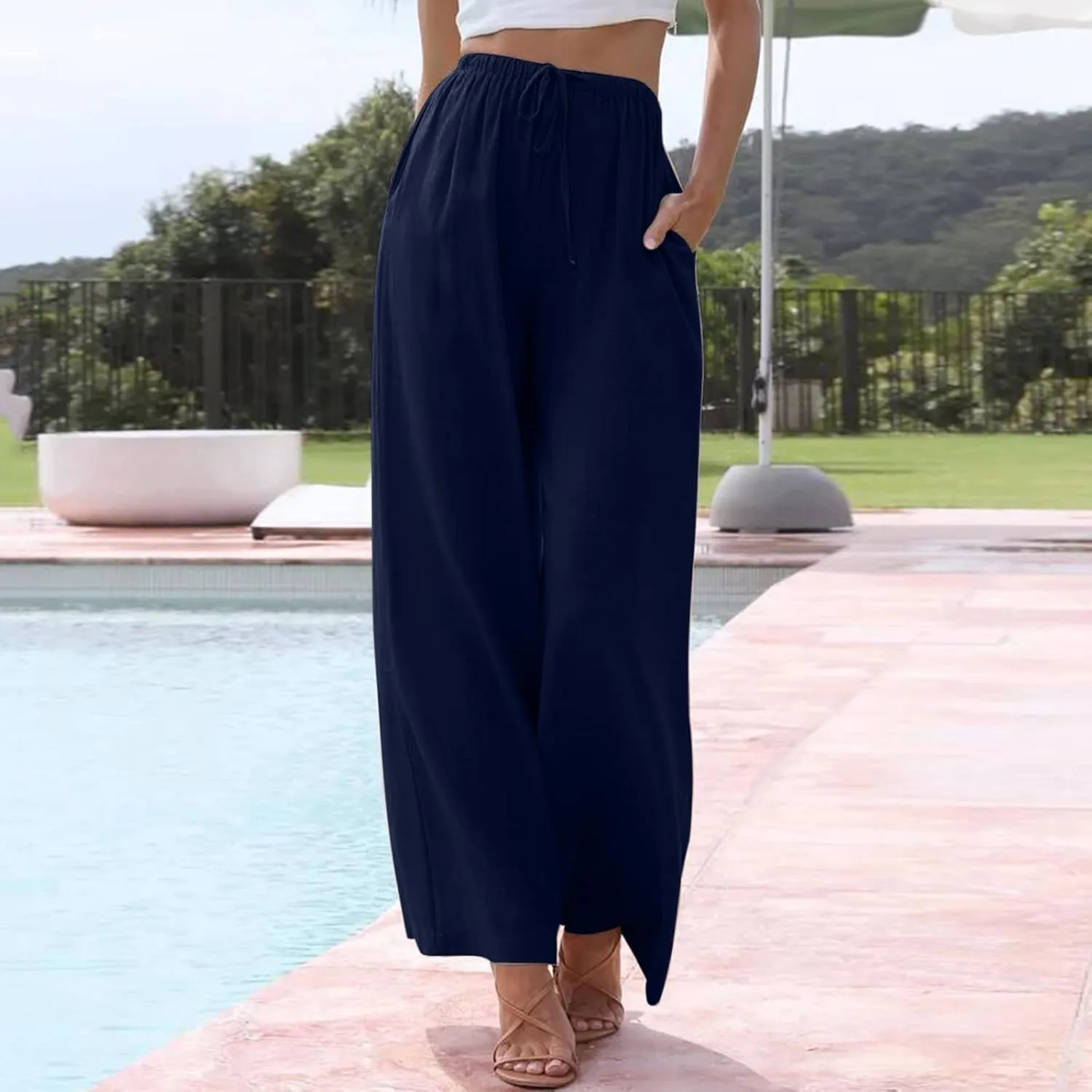 Pants for Women High Waisted Casual Wide Leg Palazzo Pants Long Long Straight Trousers Loose Outfits Pockets Beach