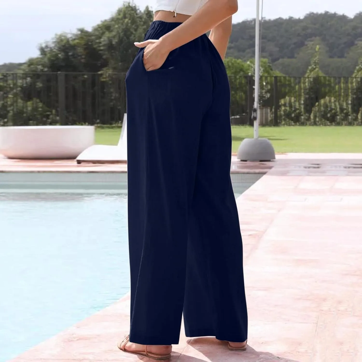 Pants for Women High Waisted Casual Wide Leg Palazzo Pants Long Long Straight Trousers Loose Outfits Pockets Beach