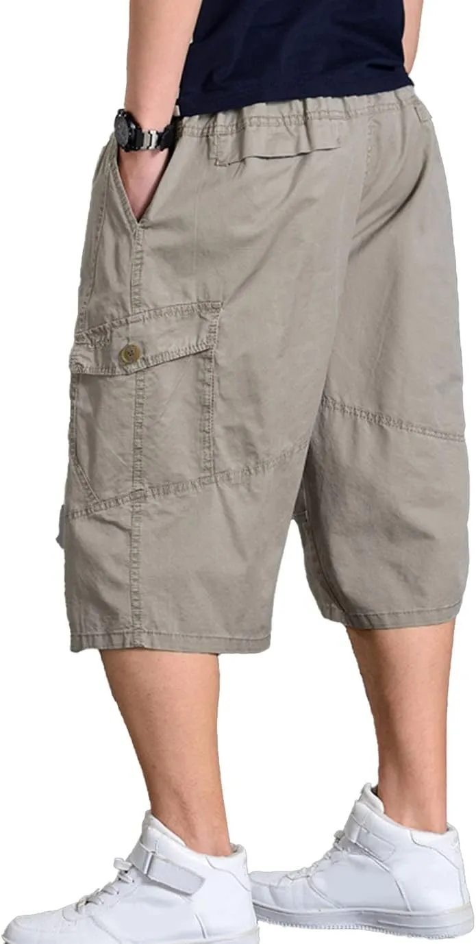 PAODIKUAI Men's Multi-Pocket Cargo Cropped Pant Loose Fit Elastic Waist Capri Pant