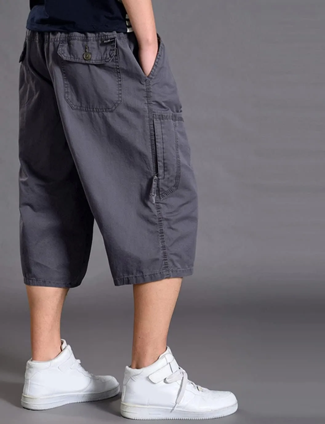PAODIKUAI Men's Multi-Pocket Cargo Cropped Pant Loose Fit Elastic Waist Capri Pant