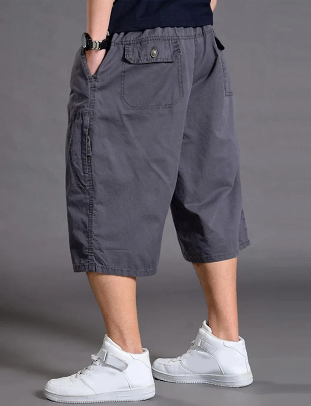 PAODIKUAI Men's Multi-Pocket Cargo Cropped Pant Loose Fit Elastic Waist Capri Pant