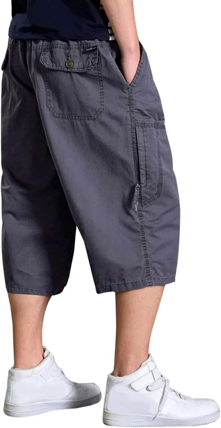 PAODIKUAI Men's Multi-Pocket Cargo Cropped Pant Loose Fit Elastic Waist Capri Pant