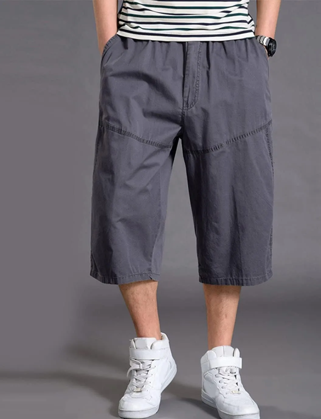 PAODIKUAI Men's Multi-Pocket Cargo Cropped Pant Loose Fit Elastic Waist Capri Pant