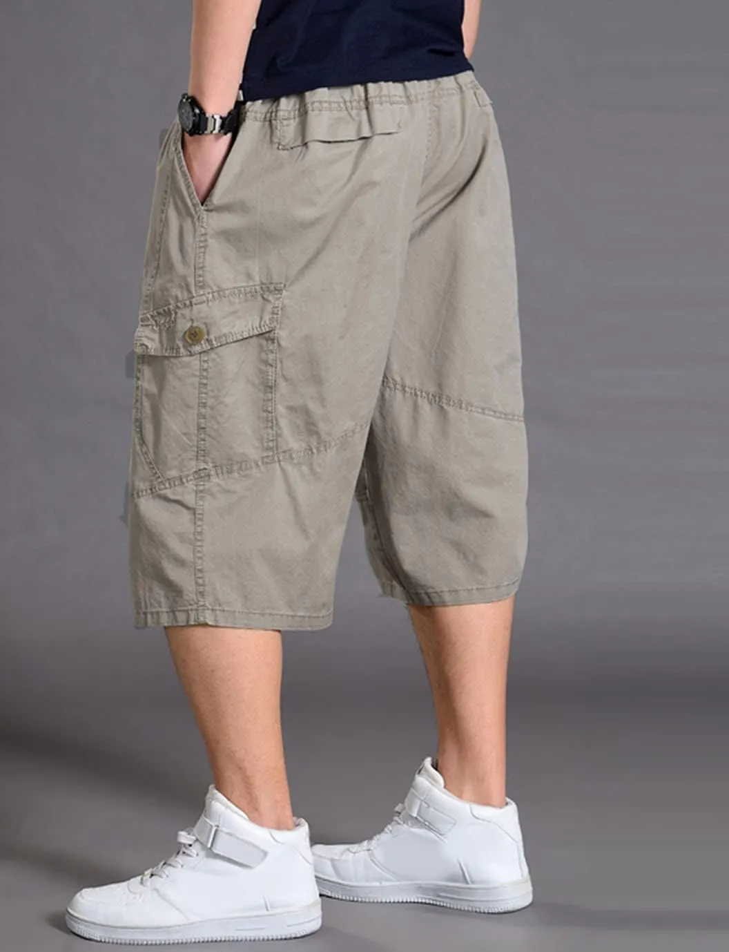 PAODIKUAI Men's Multi-Pocket Cargo Cropped Pant Loose Fit Elastic Waist Capri Pant