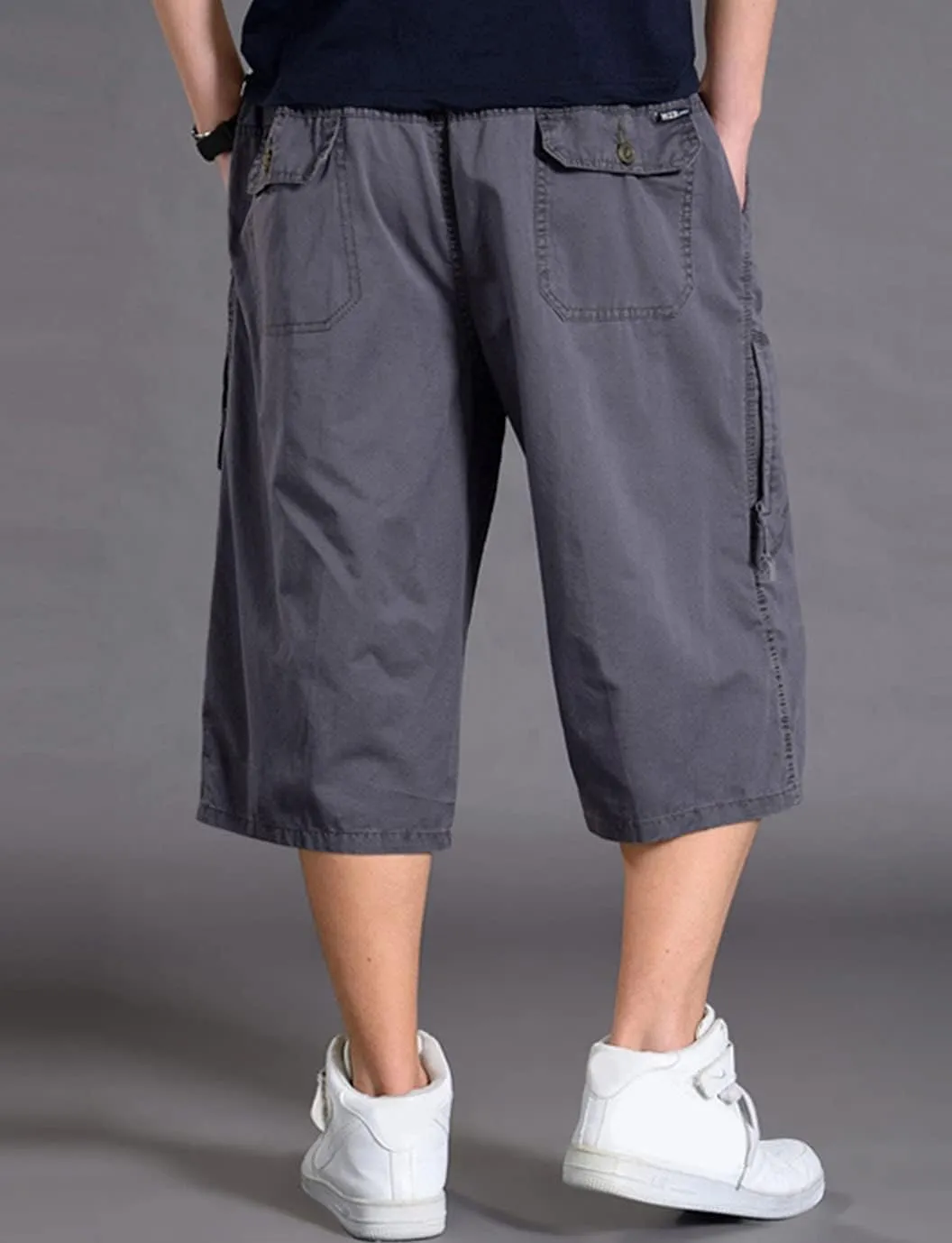 PAODIKUAI Men's Multi-Pocket Cargo Cropped Pant Loose Fit Elastic Waist Capri Pant