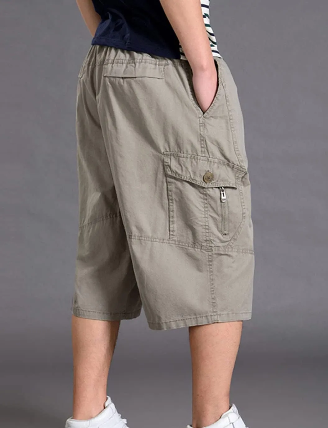 PAODIKUAI Men's Multi-Pocket Cargo Cropped Pant Loose Fit Elastic Waist Capri Pant