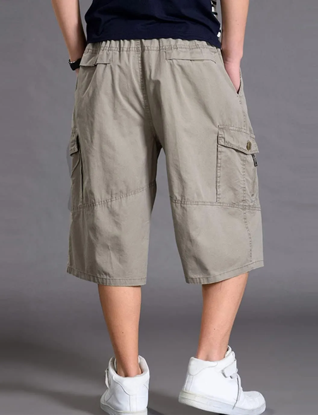 PAODIKUAI Men's Multi-Pocket Cargo Cropped Pant Loose Fit Elastic Waist Capri Pant