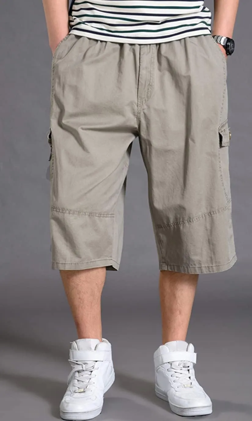 PAODIKUAI Men's Multi-Pocket Cargo Cropped Pant Loose Fit Elastic Waist Capri Pant