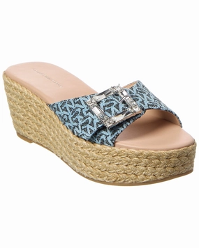 Stuart Weitzman June 75 Leather & Canvas Wedge Slide clean look Ribbon Tie