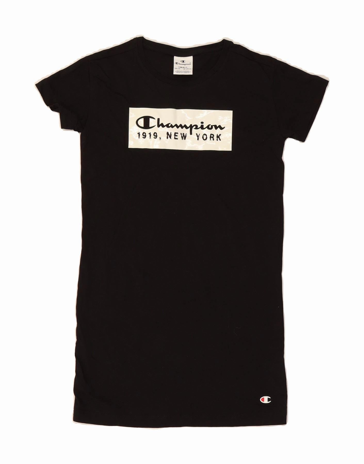 CHAMPION Girls Graphic T-Shirt Dress 7-8 Years Small Black Cotton single wear Clean Chic